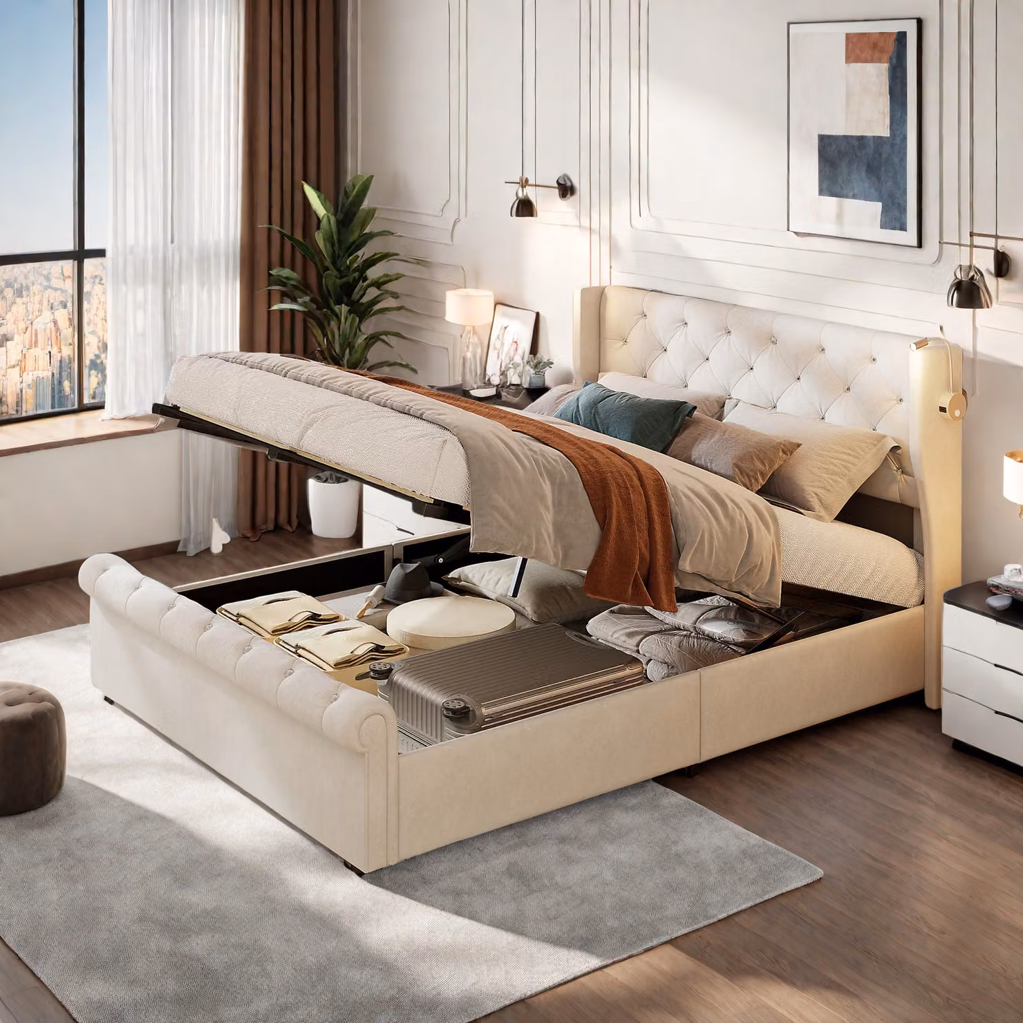 UnboxG Letto imbottito 140x190cm con USB, letto giovanile letto matrimoniale con rete a doghe e contenitore, letto contenitore con LED, beige