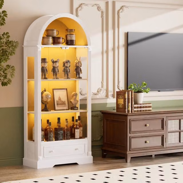 Vitrina con ante di vetro e cassetti ¨C Minimal ¨C Bianco, stile moderno, 180 cm, per soggiorno cucina sala da pranzo