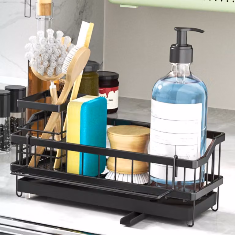 Organizzatore per lavello in acciaio inossidabile, con sistema di scarico automatico e divisori regolabili, confezione singola
