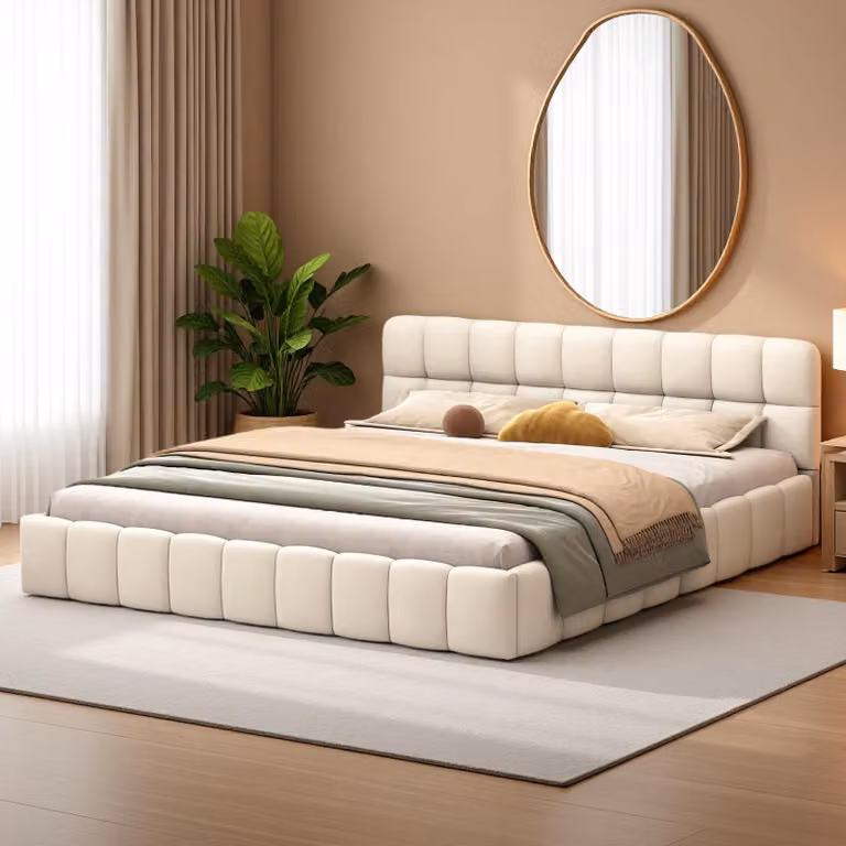 Letto imbottito Fortuna Lai 140x200 cm, letto matrimoniale con schienale, rete a doghe e rivestimento in lino, beige