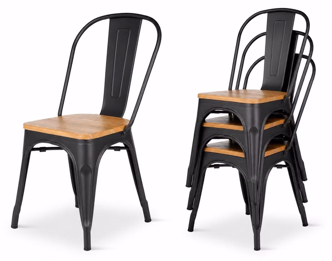 Set di 4 sedie da pranzo industriali, in metallo e legno, impilabili, capacità massima di 150 kg