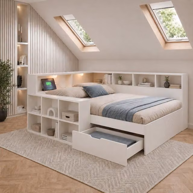 Letto singolo contenitore con cassetti e LED 90x200 ¨C Minimal ¨C Legno bianco con USB tipo C