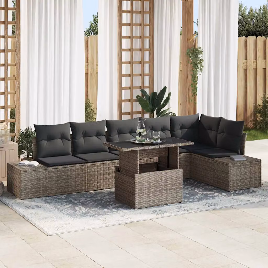 Set Divano da Giardino a L vidaXL 7 Pezzi Grigio con Cuscini e Tavolino da Esterno in Polyrattan e Acciaio – 1