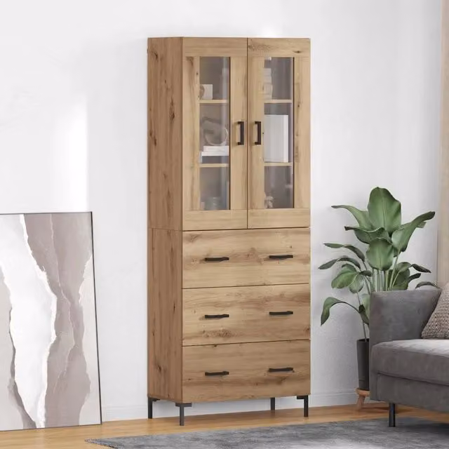 Credenza moderna vidaXL in legno e vetro color rovere con ante in vetro, L/P/H: 69,5 x 34 x 180 cm