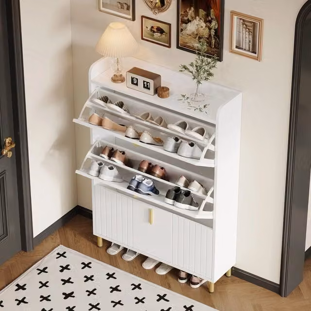 Scarpiera salvaspazio Minimal con 6 scomparti Bianco e Oro per ingresso e camera da letto L: 80 cm, P: 23.5 cm, H: 123.5 cm – 1