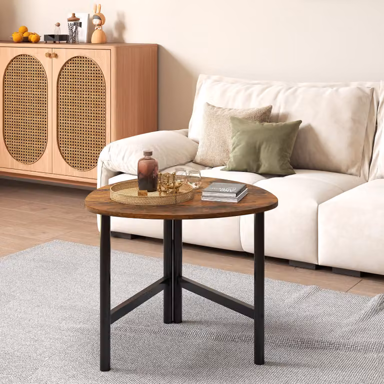 Tavolino da caffè Costway in legno e metallo marrone con design industriale e piano ovale per soggiorno