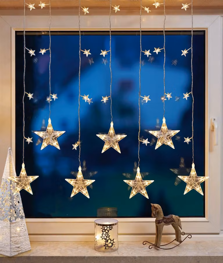 Tenda luminosa a LED a forma di stelle, dimensioni 0,9 x 1,2 metri, 137 LED bianchi caldi, trasparente, per uso interno