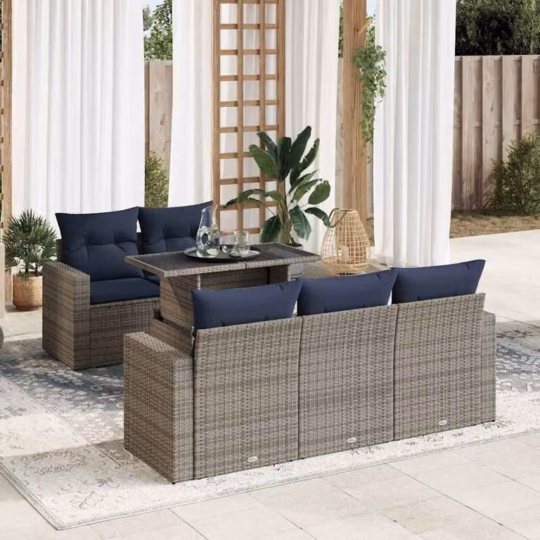Set Divano da Giardino vidaXL 6pz con Cuscini in Polyrattan e Legno di Acacia Grigio