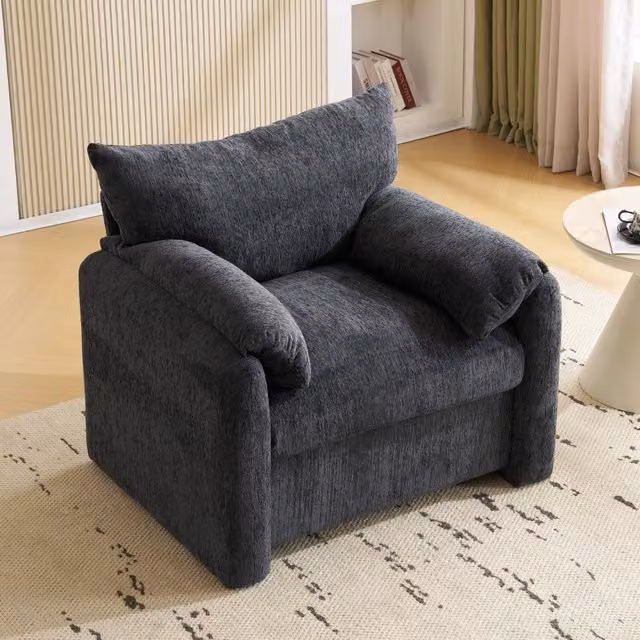 Poltrona in ciniglia con ampia seduta imbottita e braccioli imbottiti per soggiorno in grigio 96 × 82 × 84 cm