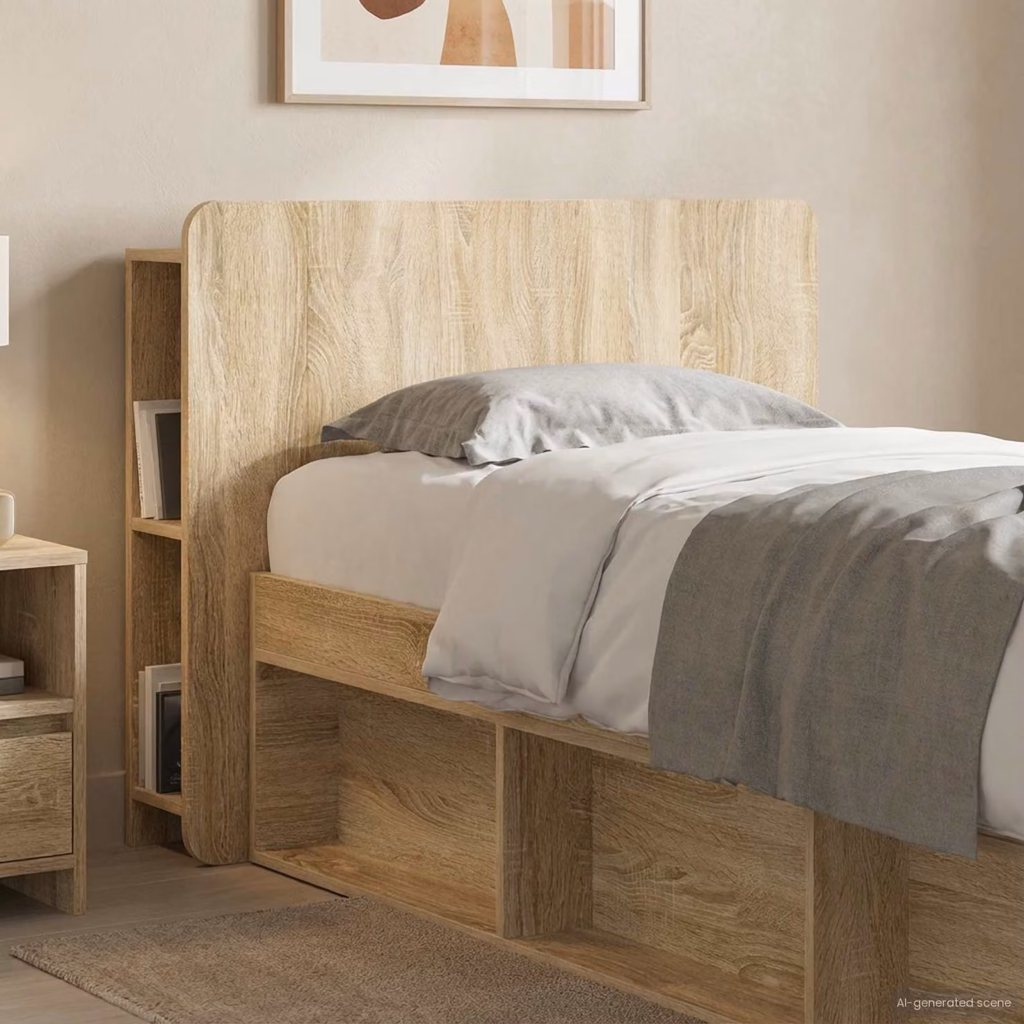 Testata del letto moderna vidaXL in legno ingegnerizzato Rovere Sonoma, colore beige/marrone con ripiano integrato