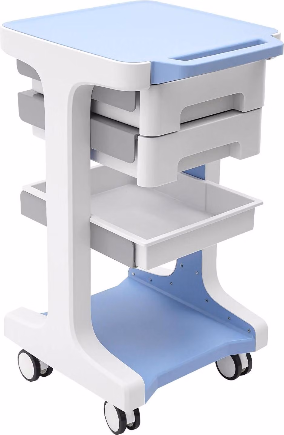 Carrello per cosmetici - Carrello a 3 ripiani per parrucchieri - Materiale: plastica ABS - 2 cassetti - 4 ruote piroettanti - Capacità di carico: 50 kg - Dimensioni: 41x41x67 cm - Colore: blu