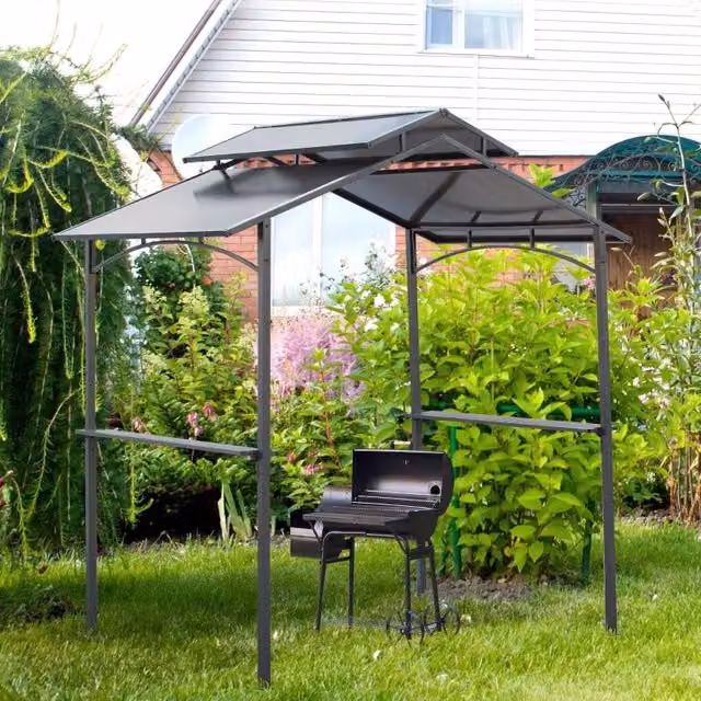 Gazebo da giardino per barbecue con tetto in policarbonato ventilato e due ripiani laterali in acciaio nero marrone