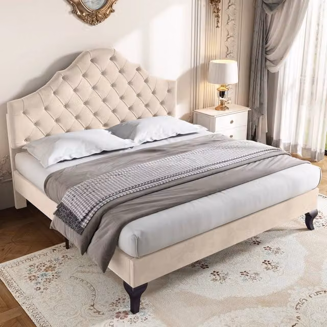 Letto imbottito 140x190 cm in velluto con testiera regolabile; sommier a doghe; bianco crema