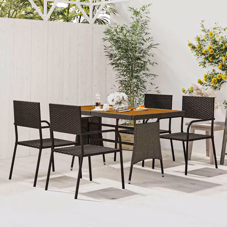 Set da pranzo per esterni vidaXL in 5 pezzi in polyrattan nero con piano in legno di acacia