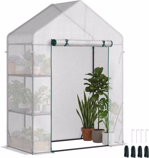 Serra da giardino Outsunny bianca con 2 scaffali e porta avvolgibile, L: 143 cm, P: 73 cm, H: 195 cm – 1