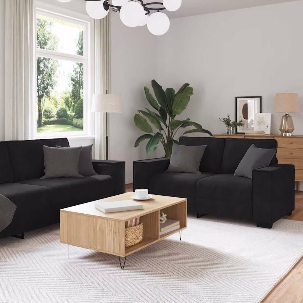 Set di divani 3 pezzi vidaXL in velluto nero con cuscini, design moderno per soggiorno
