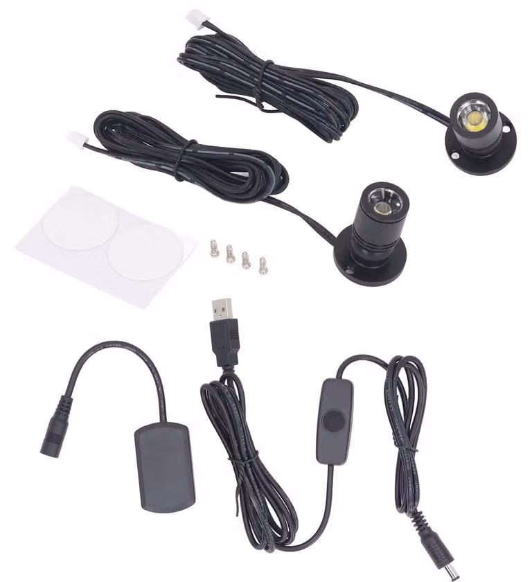 Mini-faretti dimmerabili, 5V, a LED, da 1 a 2 pezzi, con dimmer, ideali per gioielli, armadi, verande, colore nero, luce calda