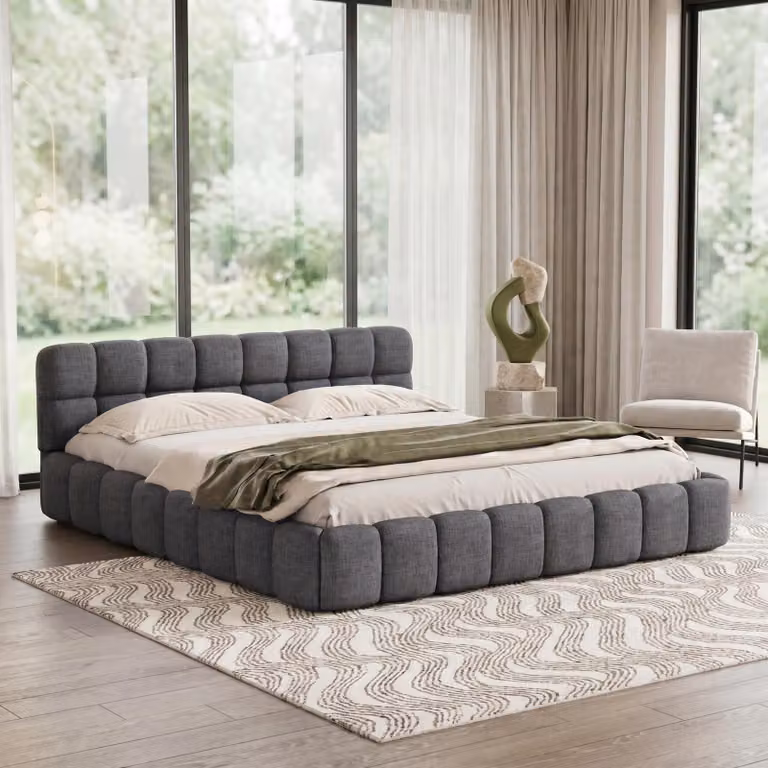 Letto imbottito INONEFT modello Bubble, 140x200 cm, letto matrimoniale con rete a doghe, letto per ragazzi con testiera e schienale imbottiti, tessuto in lino, colore grigio