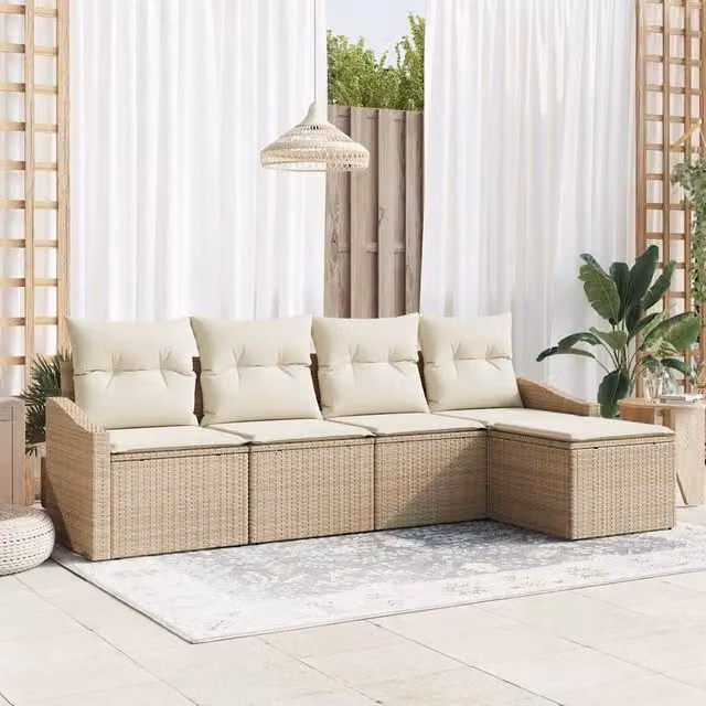Set di divani da giardino a forma di L con 5 pezzi vidaXL, colore beige, in rattan e metallo con cuscini inclusi