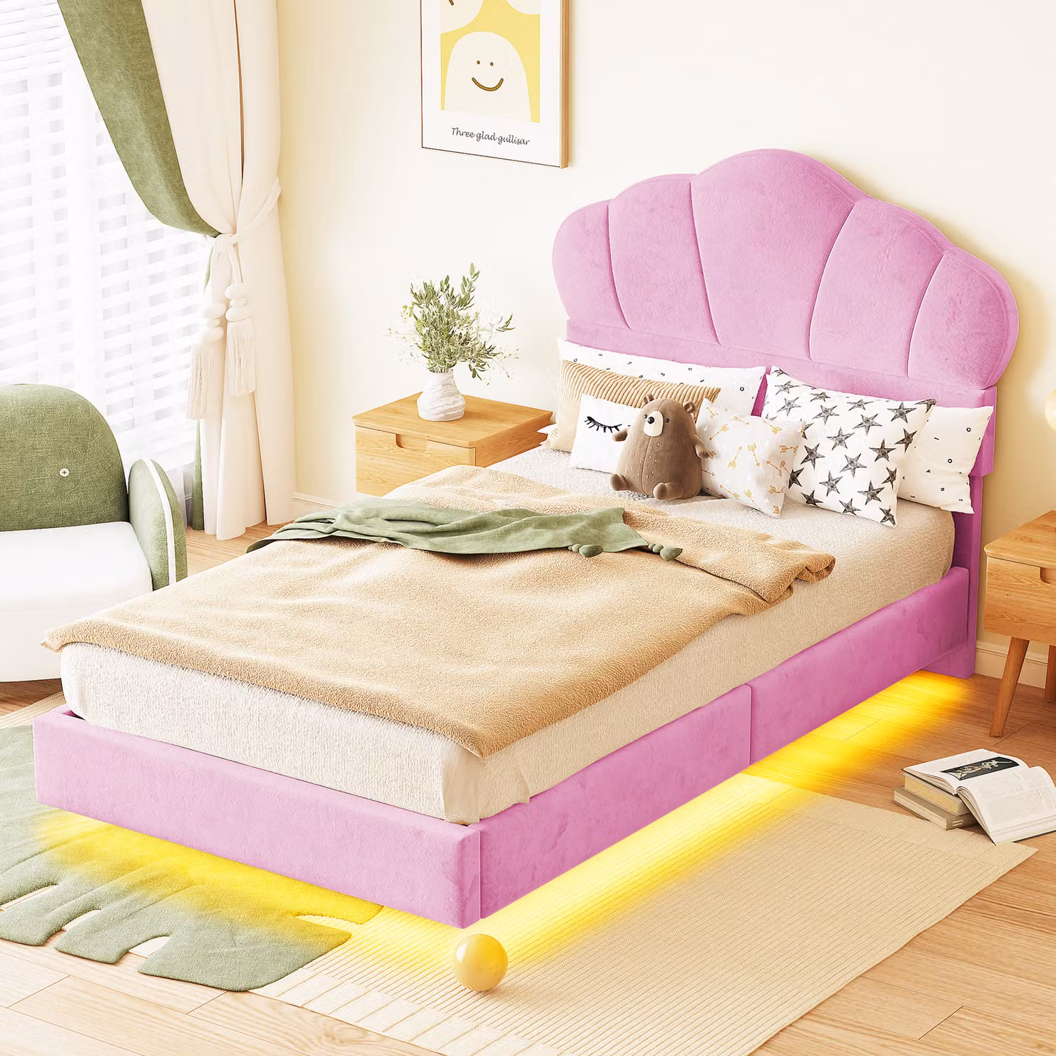 Letto imbottito per bambini MODFU 90×200 cm con luce a LED, letto singolo per ragazzi con testiera regolabile a forma di nuvola (senza materasso), rosa velluto (senza materasso)