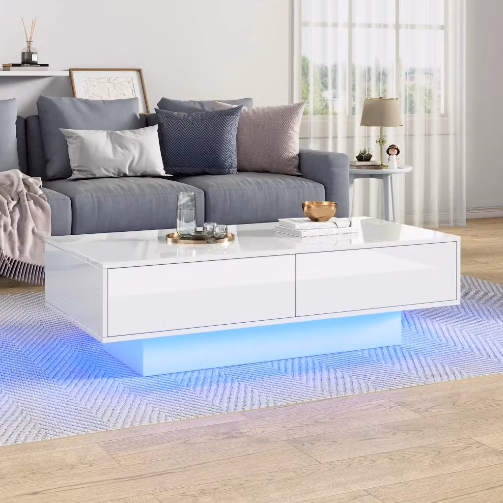 Tavolino da salotto moderno WISHDOR bianco lucido L: 115 cm, P: 55 cm, H: 34 cm con 2 cassetti e illuminazione LED – 2