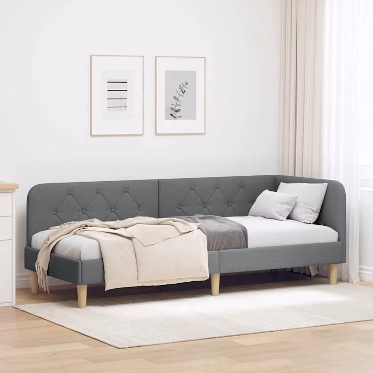 vidaXL Cornice del letto ad angolo in tessuto grigio con struttura in legno e doghe fisse L 200 x P 80 x H 72 cm