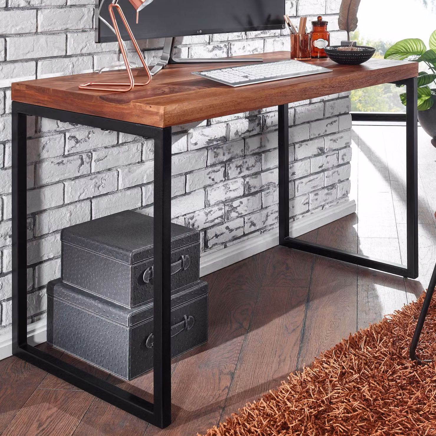 FineBuy Scrivania in legno massiccio Sheesham / metallo 117x59x76,5 cm scrivania per computer design scrivania per ufficio piccola scrivania scura per computer portatile studio