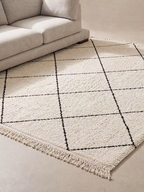 Tappeto berbero Lura Kenay Home con motivo a rombi nero e bianco, lavabile, in cotone con frange, rettangolare L: 230 cm x P: 170 cm