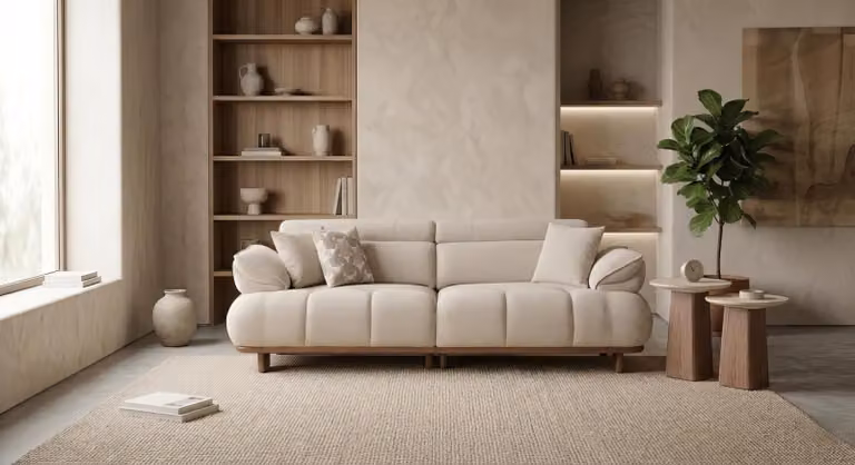 Divano componibile, tavolino laterale, design moderno, beige, divano imbottito, lusso
