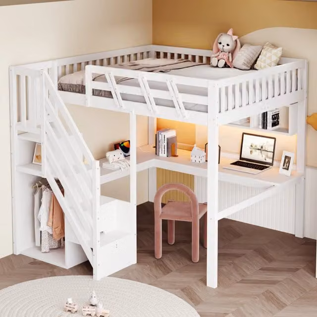 Letto a soppalco 140x200 cm in legno bianco con scrivania; scala contenitore; LED e prese
