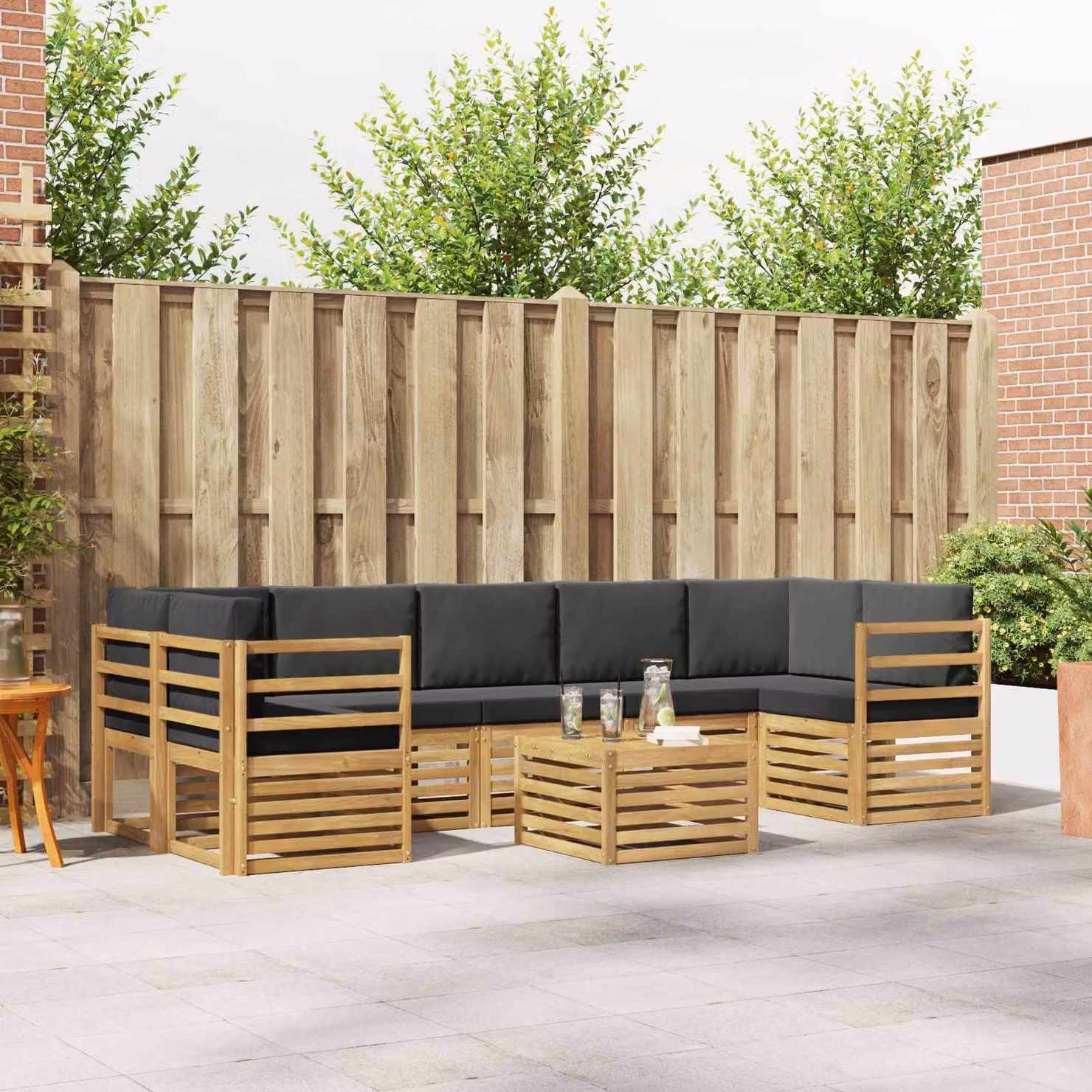Set di divani da esterno vidaXL a forma di L composto da 8 pezzi con tavolino, in legno di acacia e tessuto resistente ai raggi UV, colore bianco e antracite