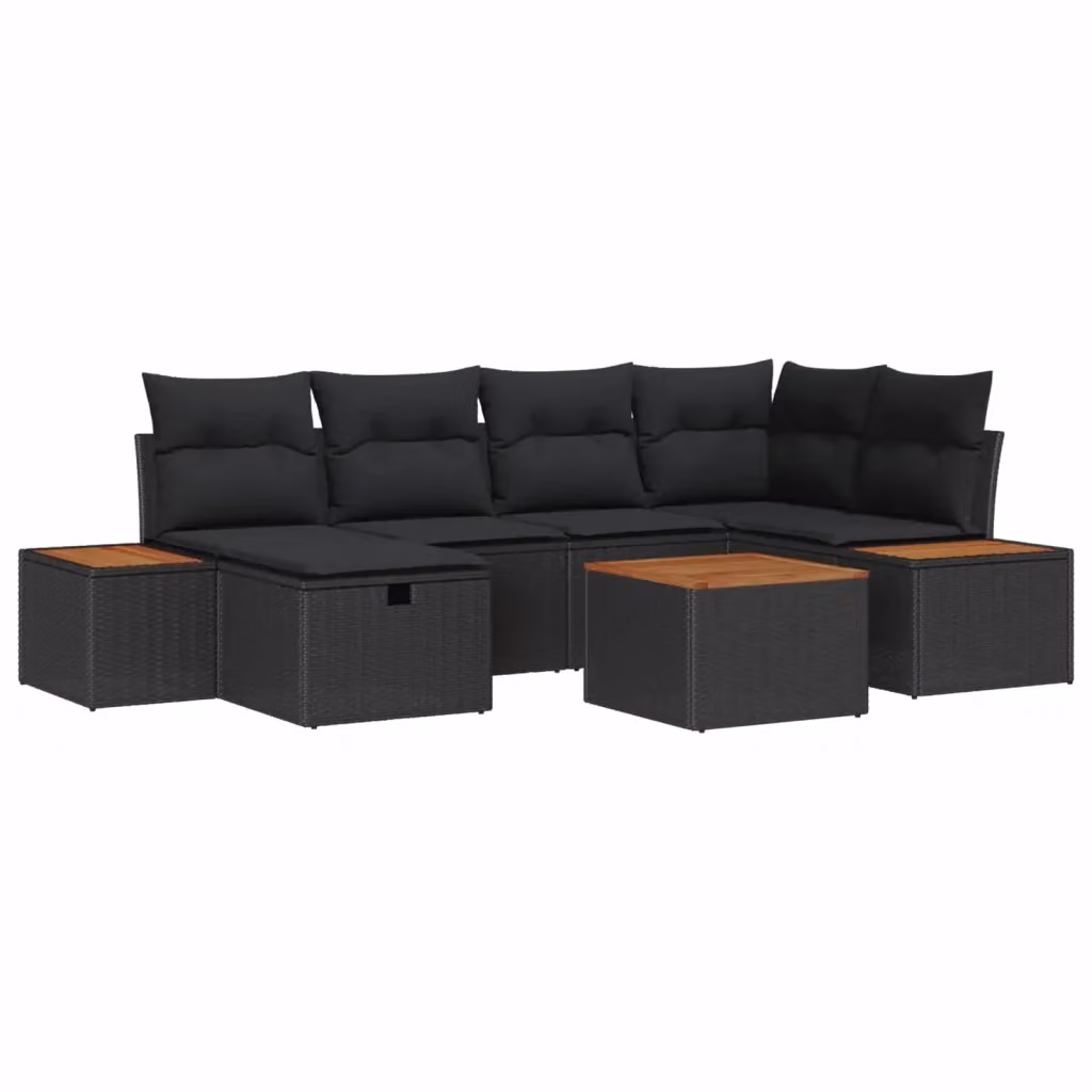 Set Divano da Giardino vidaXL 7 Pezzi in Polyrattan Nero con Cuscini e Tavolino da Esterno L/P/H: 55 x 62 x 69 cm – 2