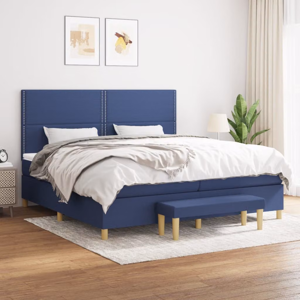 vidaXL Giroletto a Molle Ibrido con Materasso in Tessuto Blu e Bianco L/P: 200 x 200 cm – 1