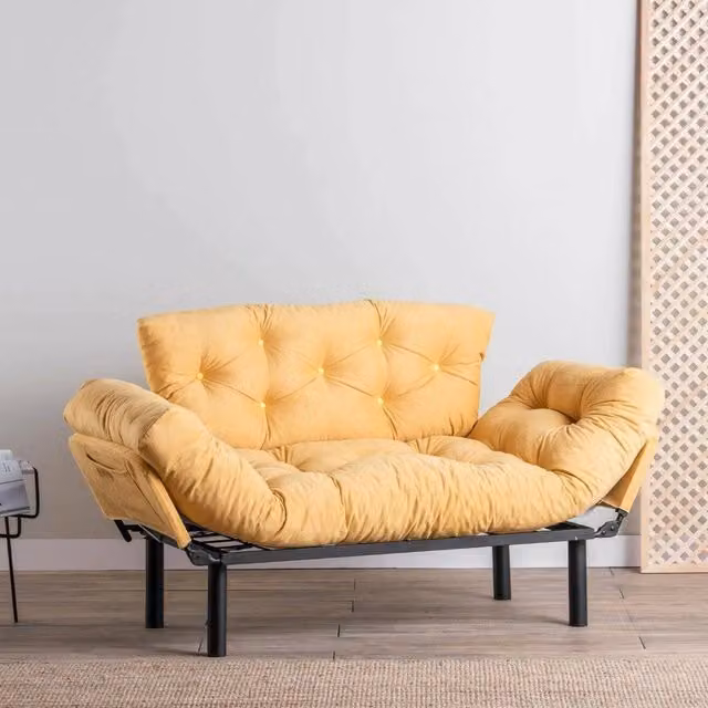 Divano Letto Guchol 2 Posti con Contenitore, Modello Click Clack in Tessuto Giallo, L: 155 cm, P: 70 cm
