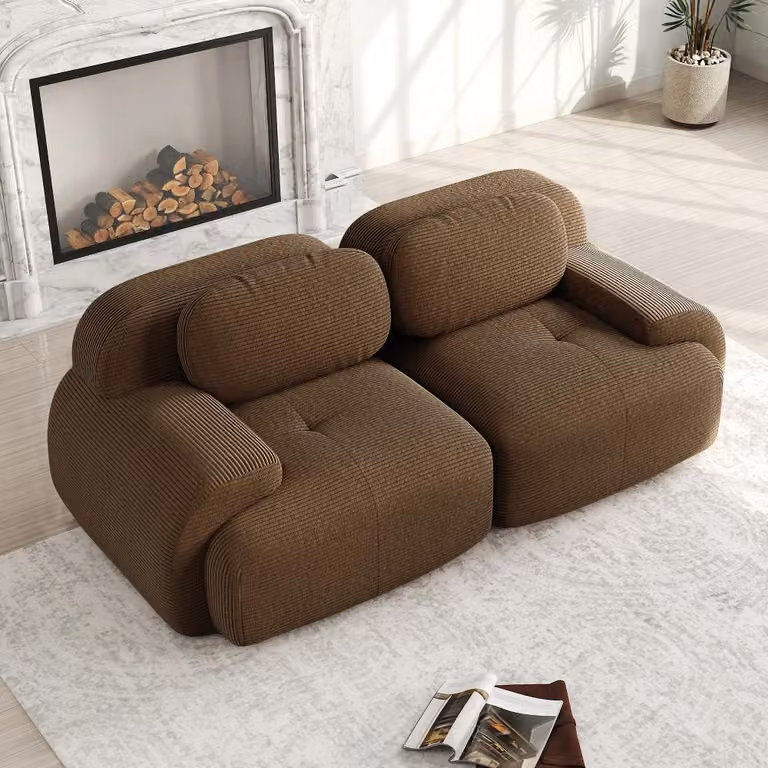 Divano a due posti in tessuto corduroy, divano angolare modulare marrone, design senza struttura con imbottitura in schiuma ad alta densità 32D, braccioli curvi, dimensioni 208x103x70 cm