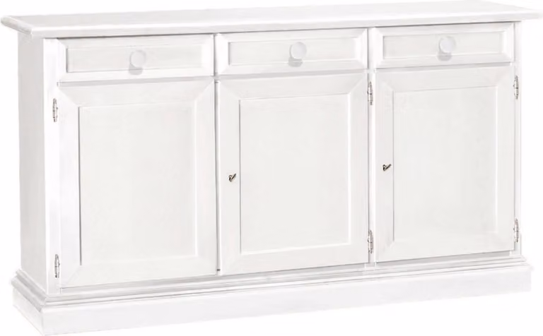 Milani Home - madia credenza bianca in legno massello 156 x 42 x 85 cm, stile arte povera, per soggiorno e sala da pranzo