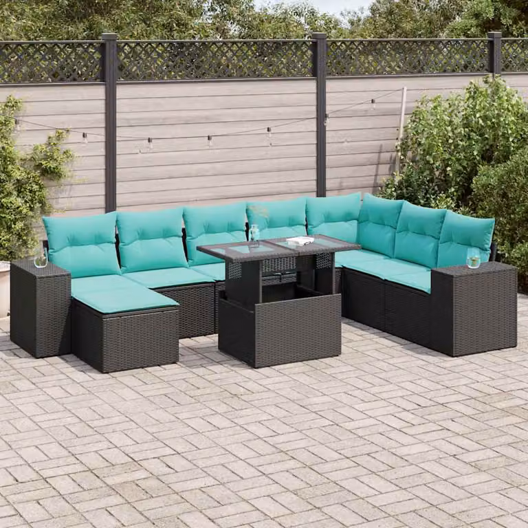 Set di divani da giardino vidaXL in polyrattan nero con cuscini e tavolino da esterno a forma di L