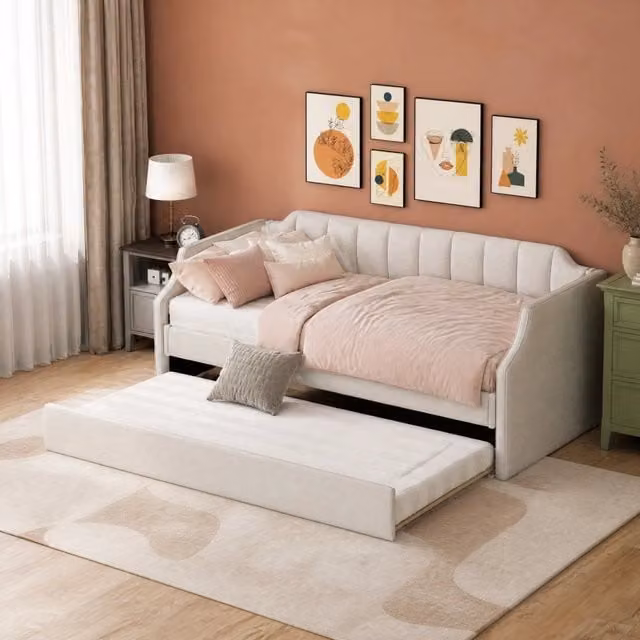 Letto da giorno singolo con letto estraibile 90 x 200 cm; beige