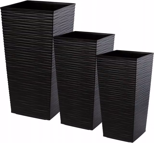 Set di 3 vasi da fiori KADAX neri con inserti in plastica per giardino e piante da interno, H: 57.5 cm, H: 68 cm, H: 75.5 cm