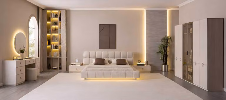 Letto in stile moderno, colore beige, nuovo, camera da letto, legno, vetro, illuminazione
