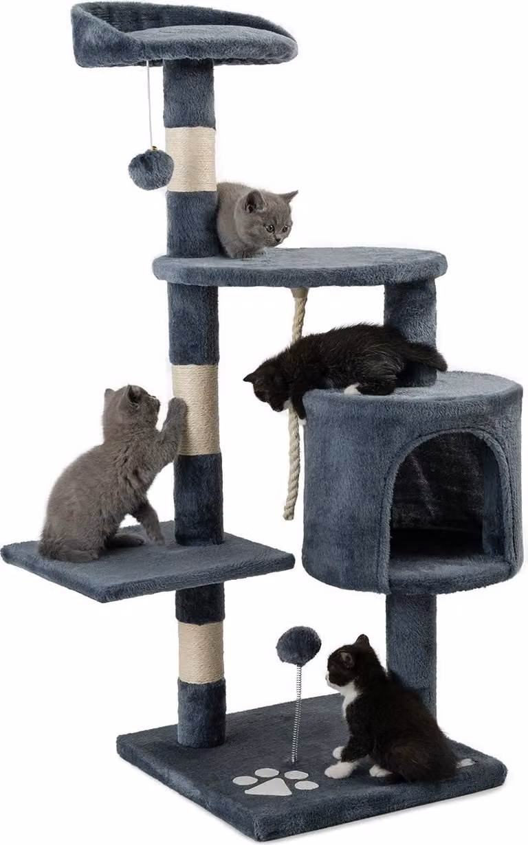 tiragraffi lionto per gatti alto 112 cm, con grotta, corda in sisal, palline di peluche e supporto a parete, albero da arrampicata compatto, grigio scuro