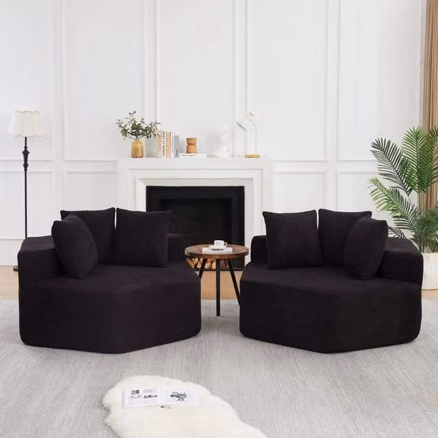 Poltrona lounge esagonale modulare con 3 cuscini in ciniglia nera