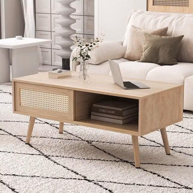 Tavolino da caffè MINIMAL in legno e rattan con ante scorrevoli, colore marrone, L: 105 cm, P: 55 cm, H: 40 cm