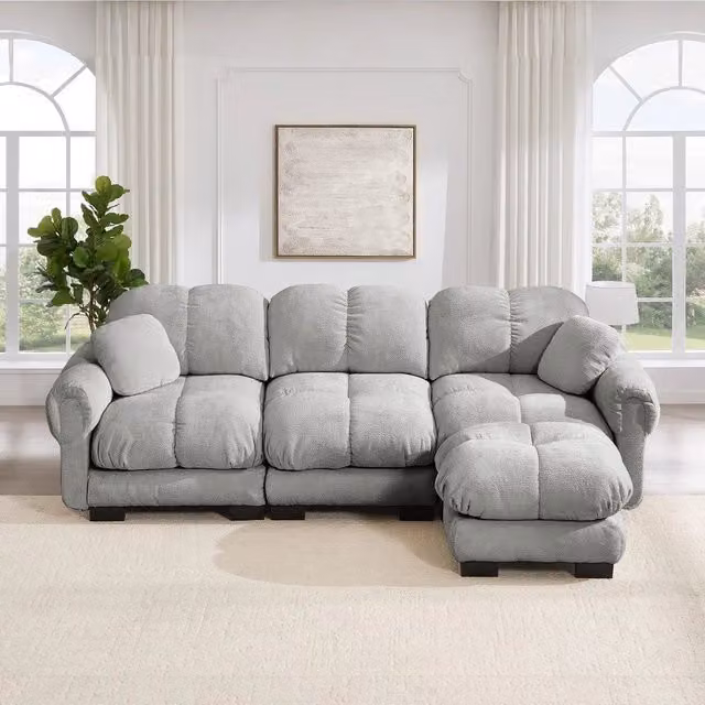 Divano angolare 3 posti ¨C Minimal ¨C grigio chiaro, velluto trapuntato, con poggiapiedi e cuscini