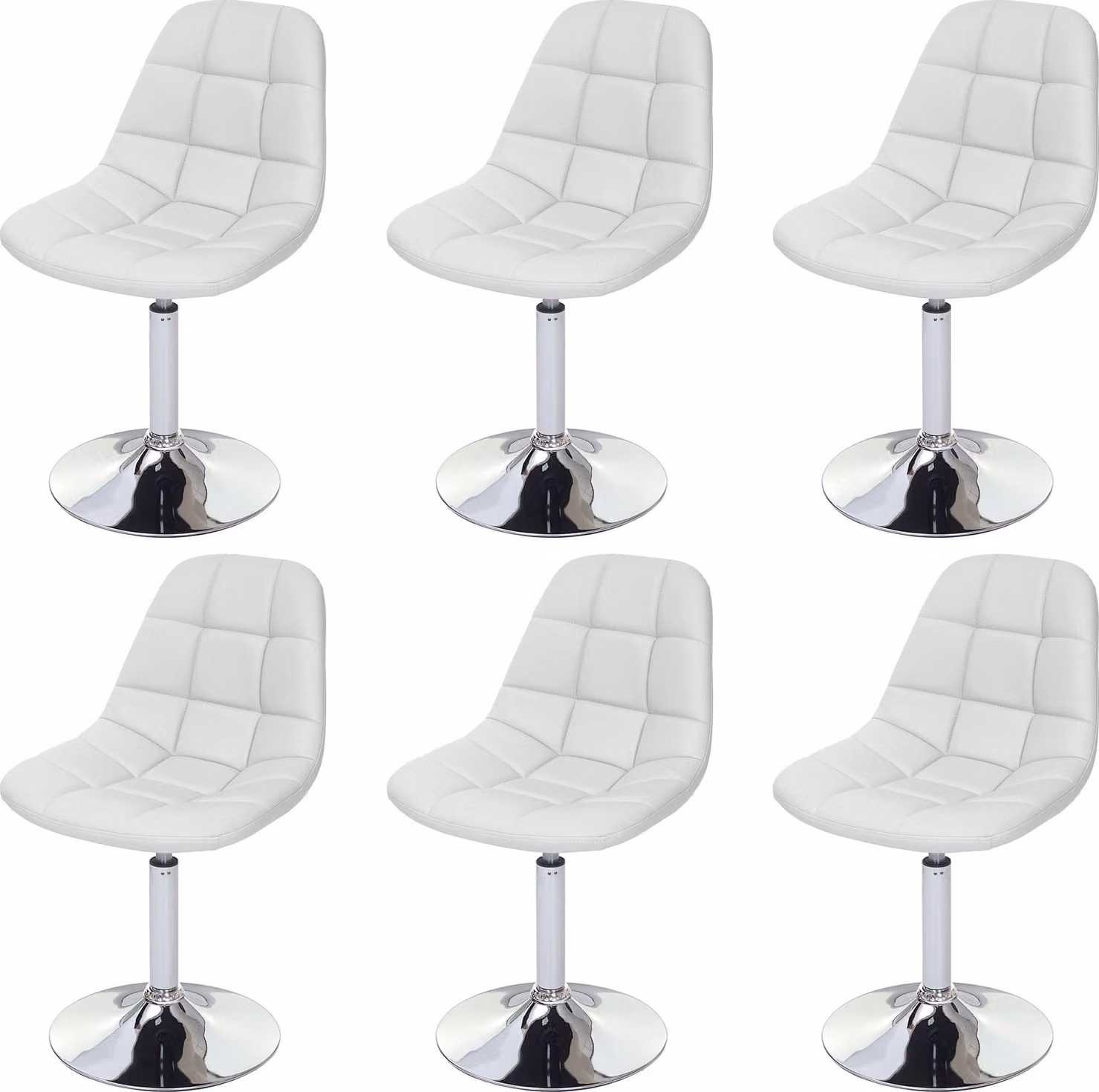 Set di 6 sedie da sala da pranzo | A x L x P 84 x 47 x 50 cm | Altezza seduta 46 cm | Cromo | Pelle finta bianca | Sedia girevole