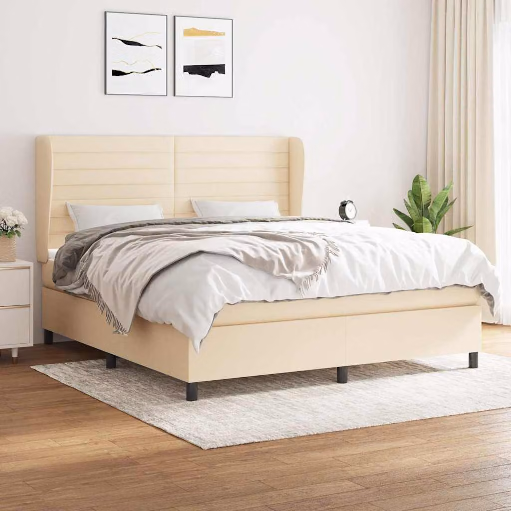 vidaXL Giroletto a Molle con Materasso Ibrido in Tessuto Beige e Bianco L/P/H: 160 x 200 x 128 cm
