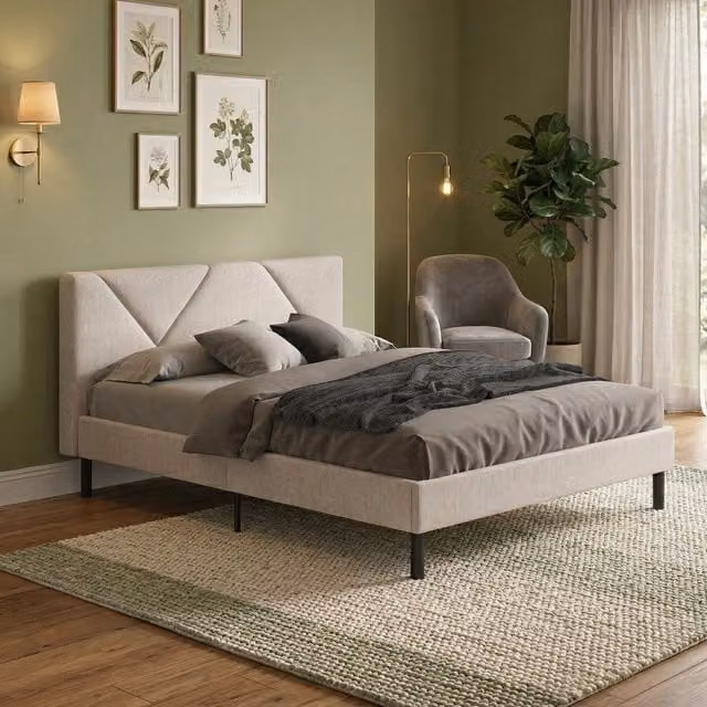 Letto alla francese Ikelos DMORA, colore beige e nero, con struttura imbottita e in legno, per materasso 140x190 cm, H 149 cm x L 250 cm x P 204 cm