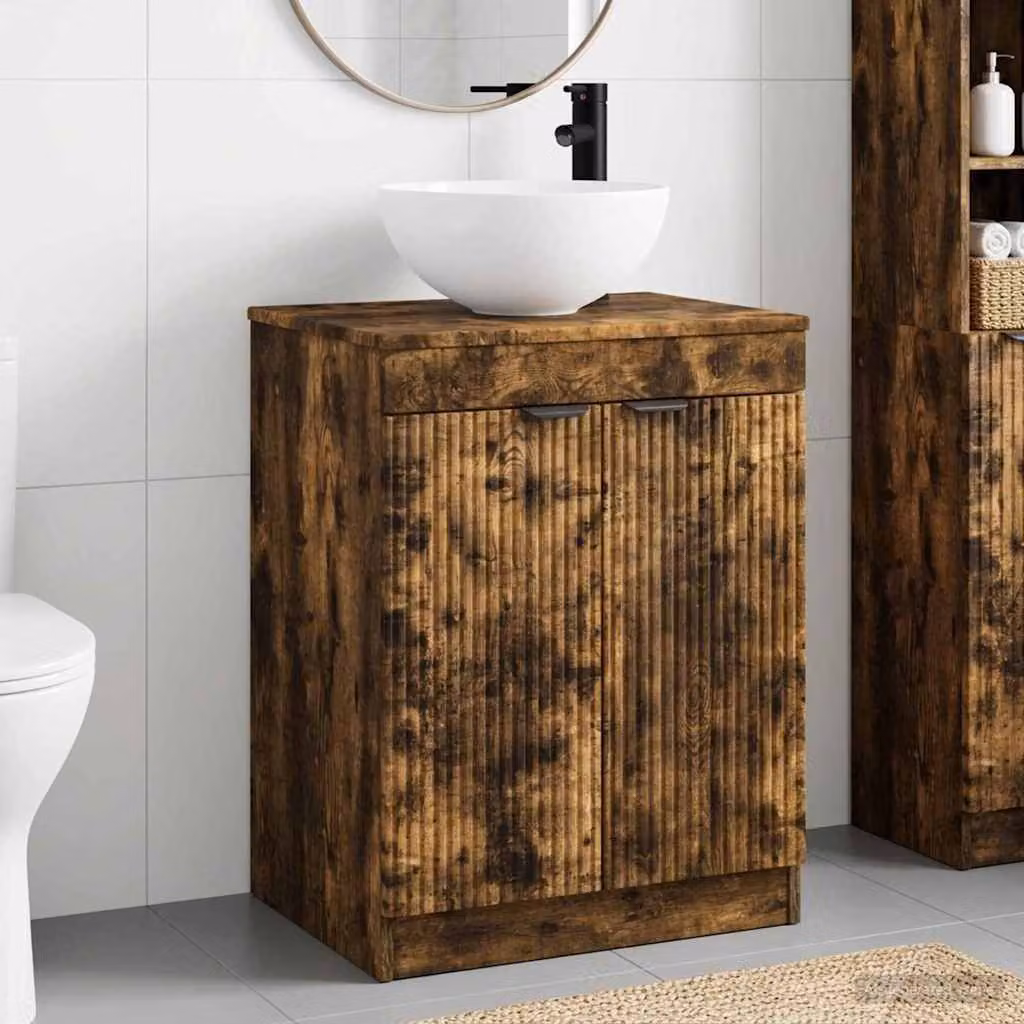 Set di mobili per il bagno moderno vidaXL in legno MDF color rovere fumo con base freestanding e ante a cerniera L/P/H: 70 x 41 x 54 cm
