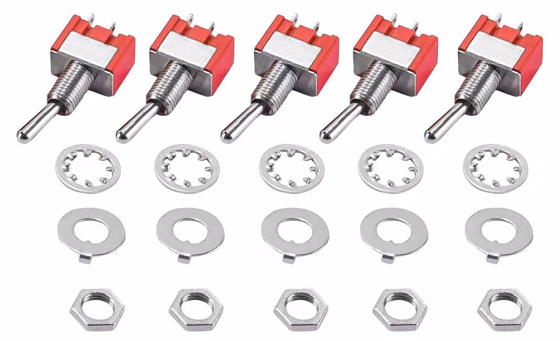 5 interruttori miniaturizzati SPST, 2A 250V, connettore a 2 poli, per montaggio con foro di 6 mm, funzione on/off