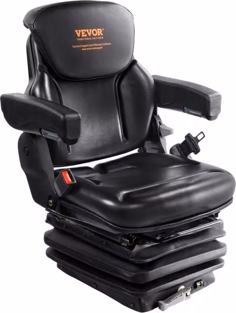 Sedile Universale per Trattore e Carrello Elevatore in PVC Nero, Schienale Regolabile con Cintura di Sicurezza e Braccioli